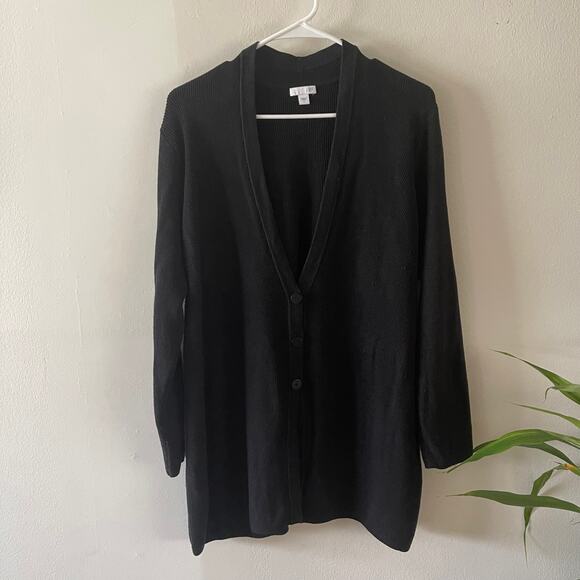 J. Jill V-Neck Cardigan Sweater Women’s L Black Cotton Blend Ribbed Knit Classic - Picture 1 of 8